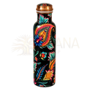 Vibrante handbemalte reine kupfer wasserflasche 1 liter mit schwarzem hintergrund und bunten paisley blumenmustern
