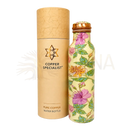 Reine kupferne wasserflasche mit floraler musterung grün rosé creme und messingverschluss tamra jal genannt ayurvedischen tradition