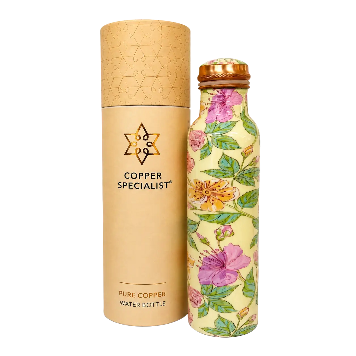 Reine kupferne Wasserflasche mit Blumenmuster in Grün, Rosé und Creme, 950ml, Ayurveda Specialist B.V.