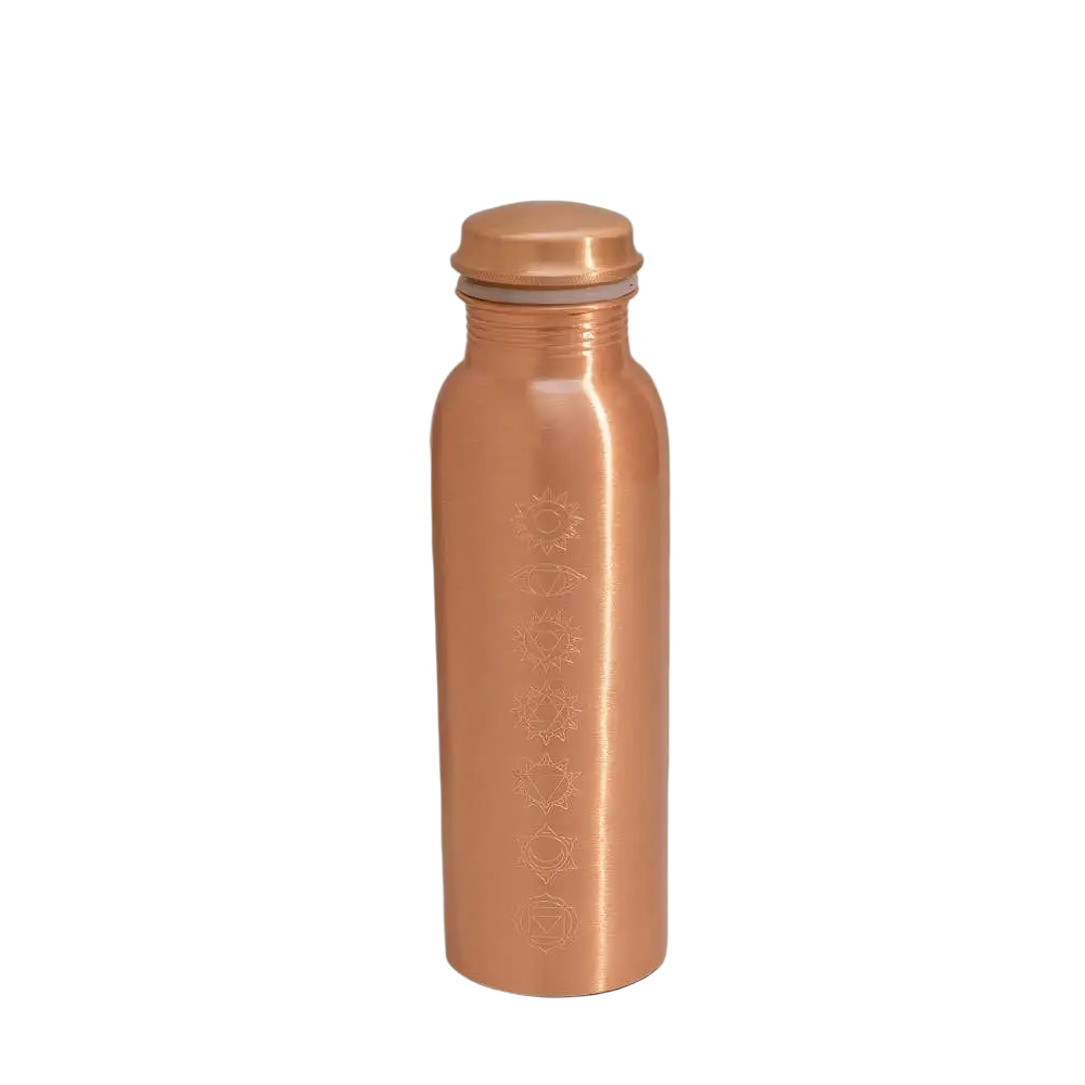 Reine Kupferwasserflasche mit 7 Chakren, mattes Finish, 750 ml, handgefertigte Ayurveda Kupferflasche, für Wasser- und Gesundheitsanwendung