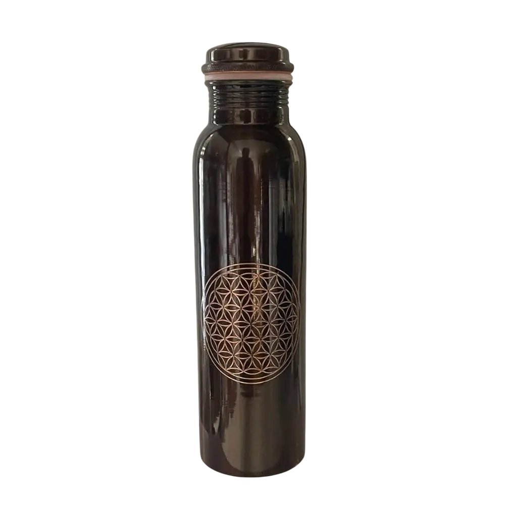 Antike Kupferwasserflasche mit Blumen des Lebens Muster, 950 ml, handgefertigt, für Ayurveda von Ayurveda Specialist B.V.