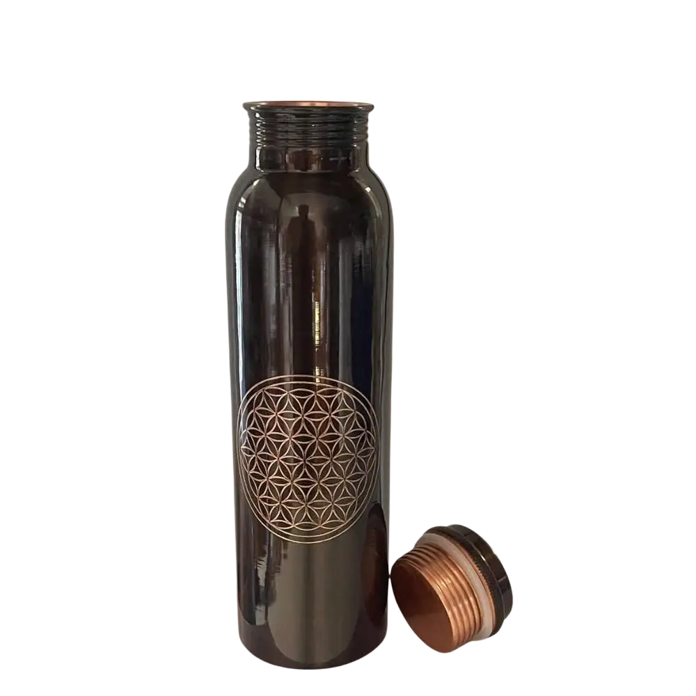 Reine Kupferwasserflasche mit Blumen des Lebens Muster, handgefertigt, 950 ml, Antik-Design, von Ayurveda Specialist B.V.