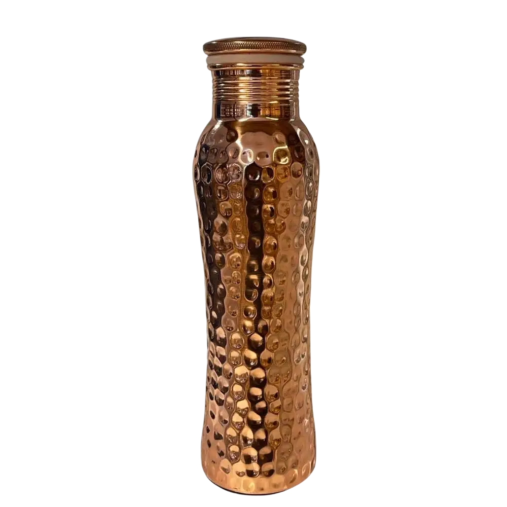 Händisch gefertigte Kupferwasserflasche Curve mit gehammertem Design, 950 ml, für Ayurveda und Trinkwasser.