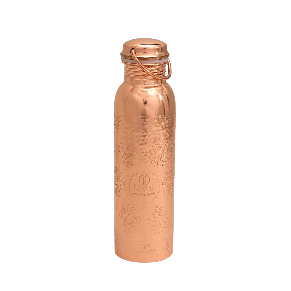 Reine Kupferwasserflasche mit Blumenmuster und Griff, ca. 950 ml, aus Edelstahl, für Wasser und Getränke.