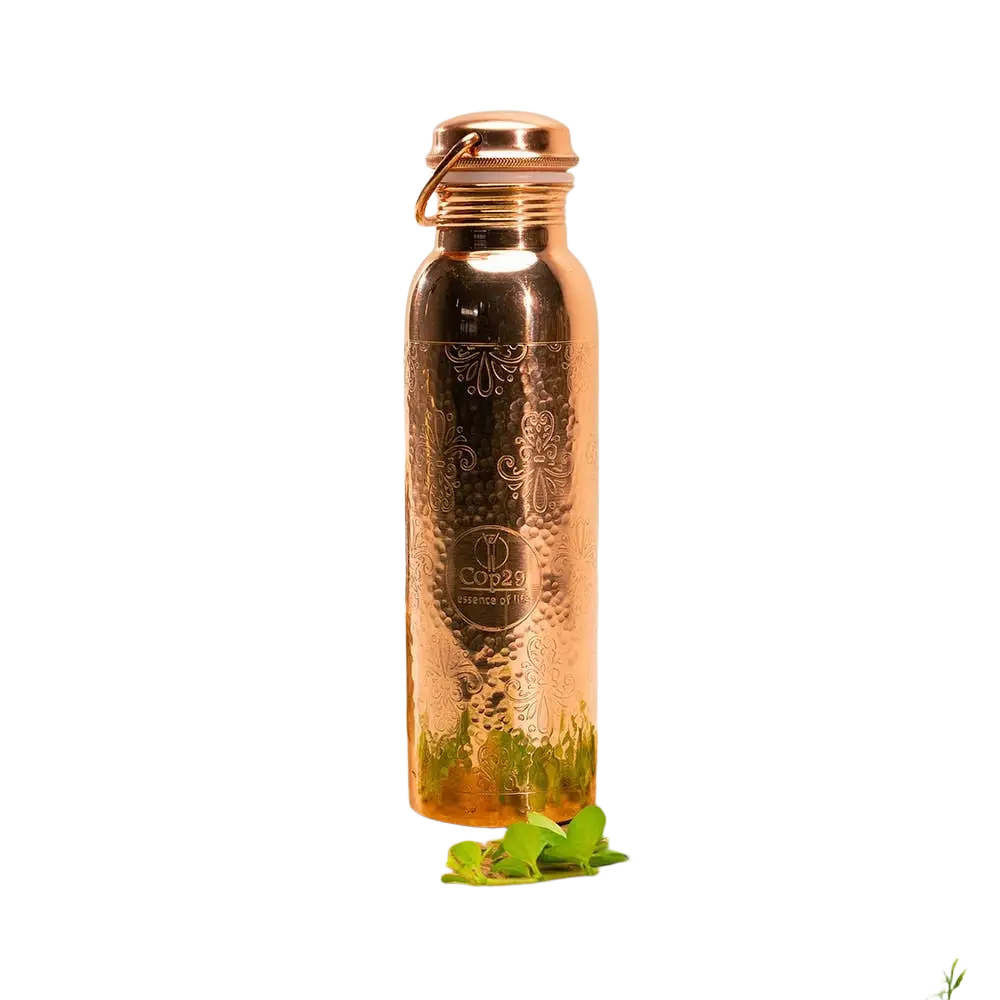 Reine Kupferwasserflasche mit Blumenmuster und Griff, 950 ml, für Wasser und Getränke, Ayurveda Specialist B.V.