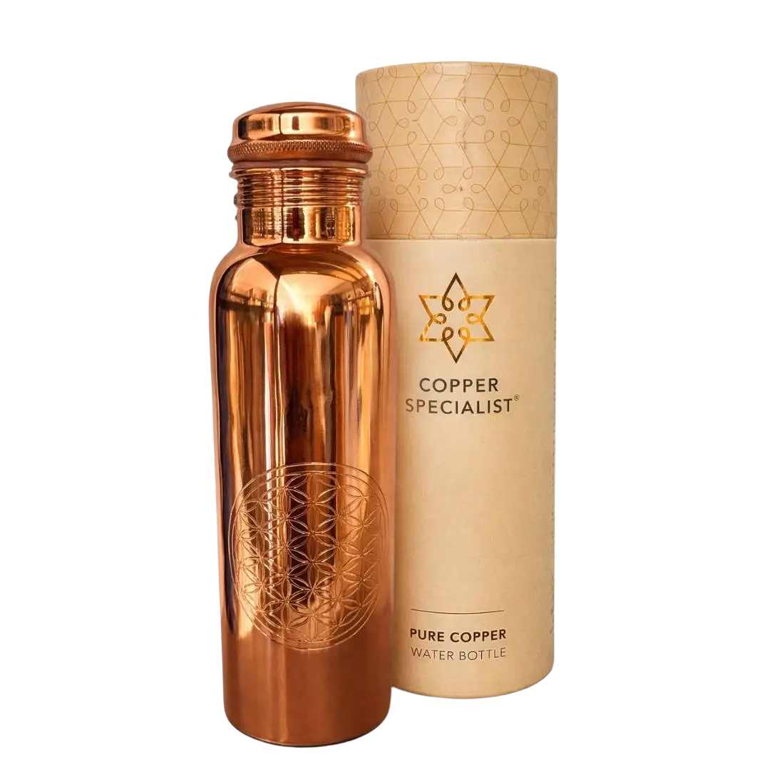Reine, polierte Kupfer-Wasserflasche "Flower of Life" von Ayurveda Specialist B.V., 1 Liter, glänzendes Kupferdesign, elegante Wasserflasche