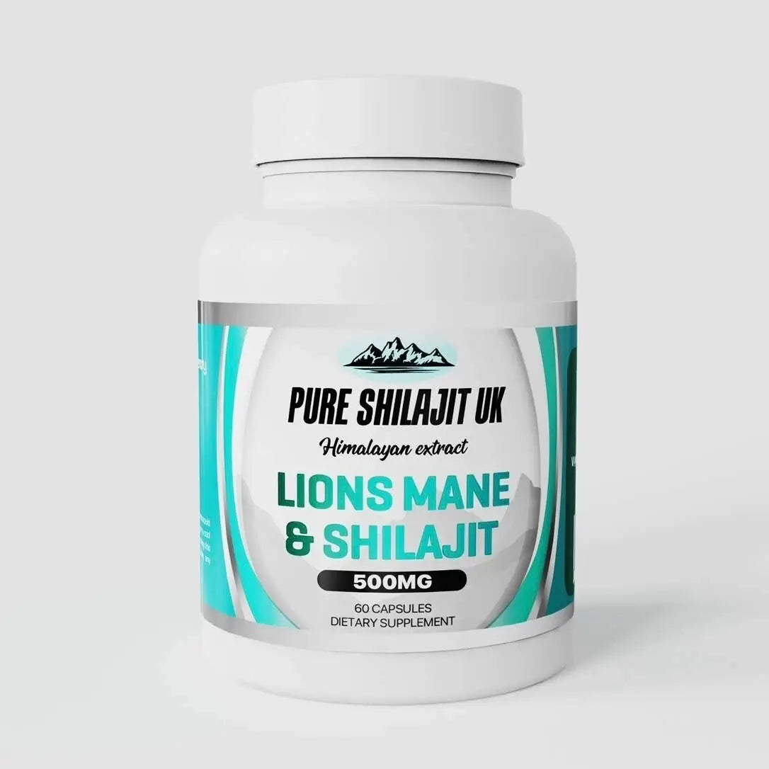 Reine Shilajit UK Nahrungsergänzung mit Lions Mane Kapseln, sichtbare Verpackung und Produktbeschreibung auf der Packung