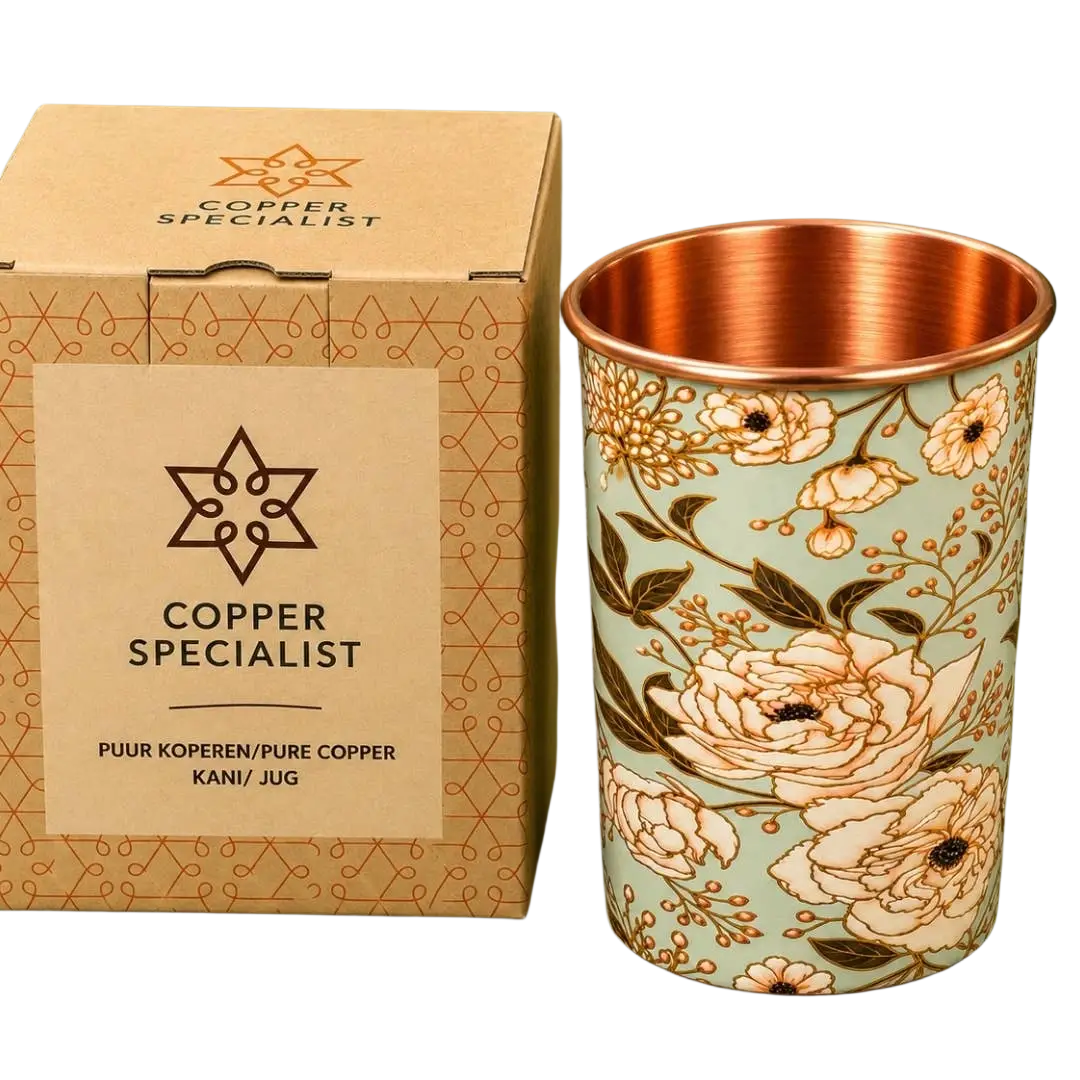 Reiner kupferbecher mit blumenmuster und hellem blauem boden 300 ml 135 g von mana shop