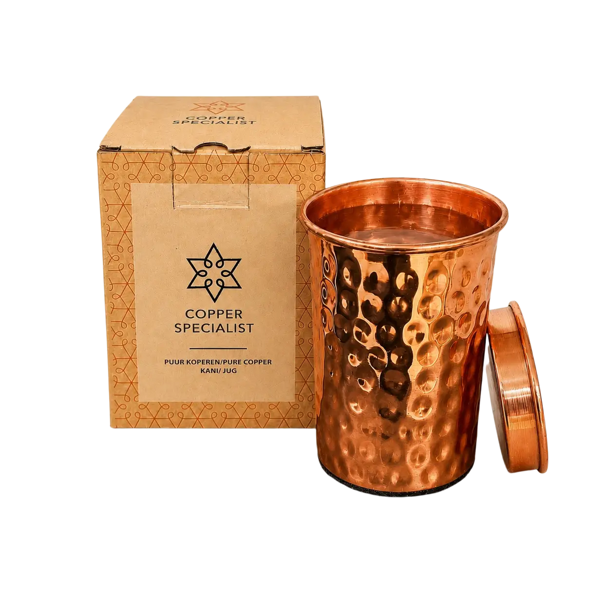 Gehämmerter Kupferbecher mit Deckel, 300 ml, glänzend, von Ayurveda Specialist B.V. für traditionelles Trinkgefäß.