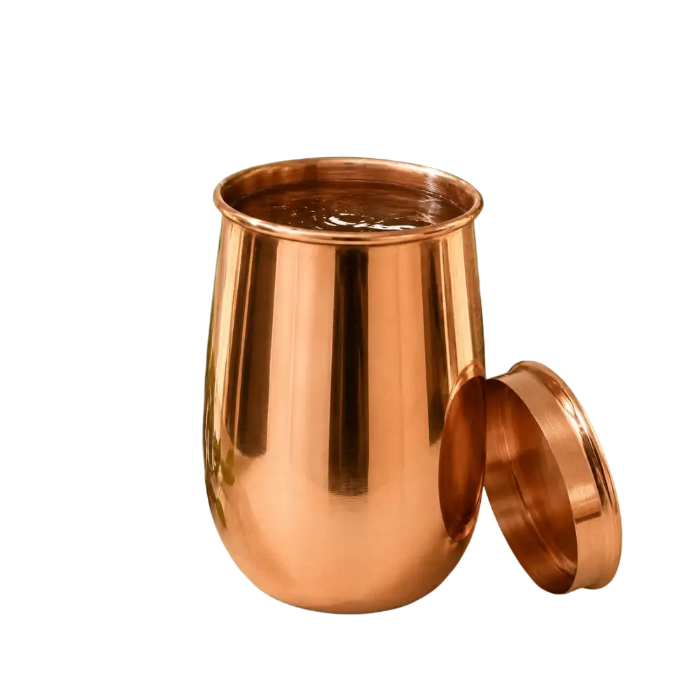Eleganter polierter Kupferbecher mit Deckel, 470 ml, von Ayurveda Specialist B.V., glänzend und handgefertigt