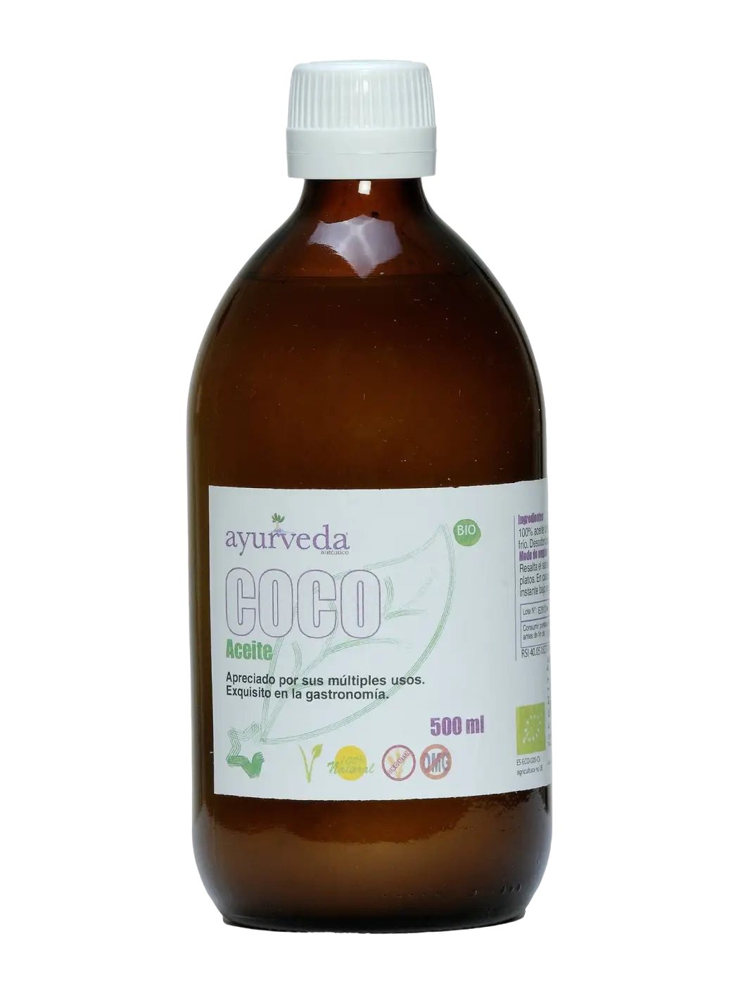 Ein 500 ml bernsteinfarbenes glasfläschchen bio-kokosöl reines kokosöl von ayurveda mit weißem schraubverschluss aus dem mana shop