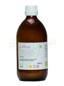 Ein 500 ml bernsteinfarbenes glasfläschchen bio-kokosöl reines kokosöl von ayurveda mit weißem schraubverschluss aus dem mana shop