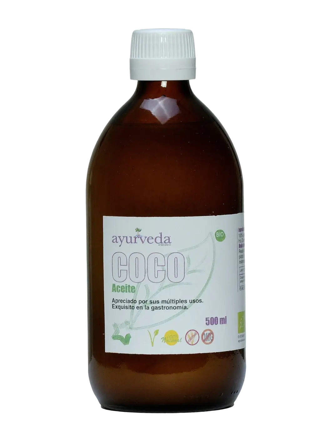 Ein 500 ml amberglasflasche bio-kokosöl von mana shop mit weißem Rippverschluss und grünen botanischen Illustrationen