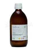 Ein 500 ml amberglasflasche bio-kokosöl von mana shop mit weißem Rippverschluss und grünen botanischen Illustrationen