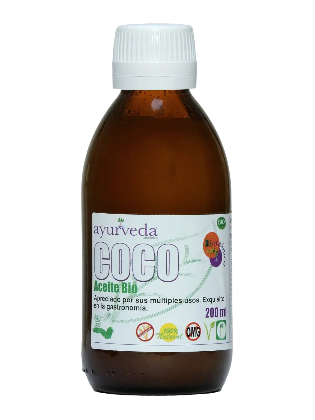 Eine braune glasflasche mit weißem kappe und label ayurveda coco aceite bio 200 ml reines kokosöl bio-kokosöl mana shop