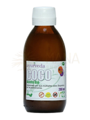 Eine braune glasflasche mit weißem kappe und label ayurveda coco aceite bio 200 ml reines kokosöl bio-kokosöl mana shop