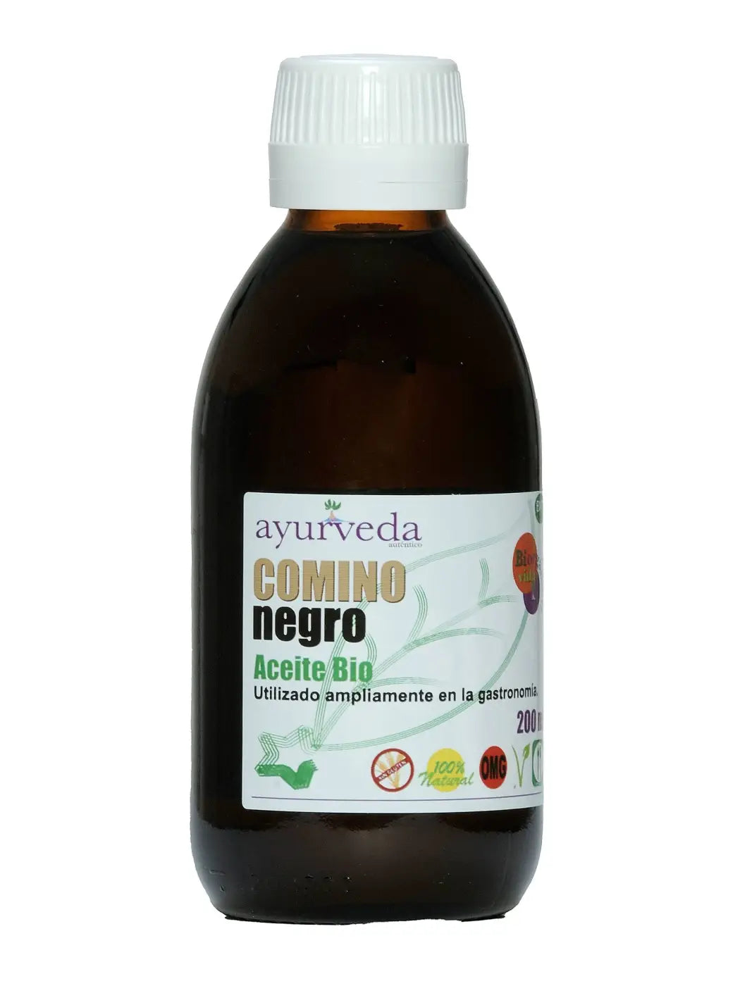 Reines Bio-Schwarzkümmelöl von Ayurveda Auténtico, aromatisches Öl für Küche und Gesundheit, dunkle Flasche mit schwarzem Öl