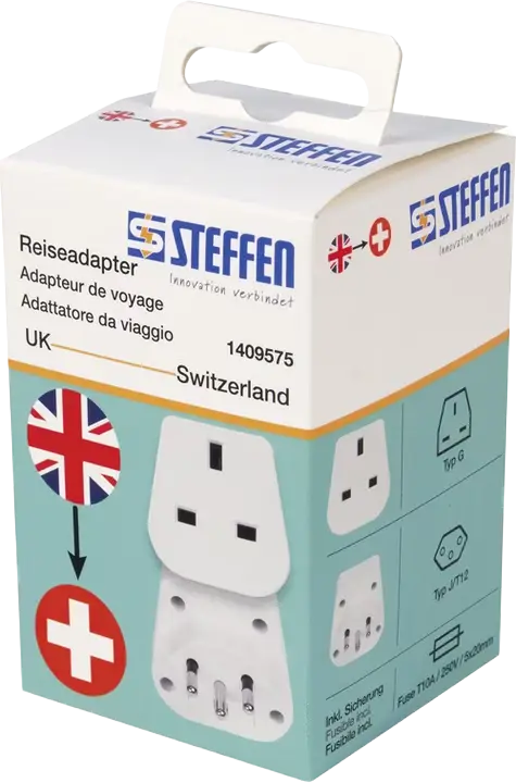 Weißer Reiseadapter UK nach Schweiz, Steffen, Zubehör für Therapie, für sichere Steckerverbindung unterwegs