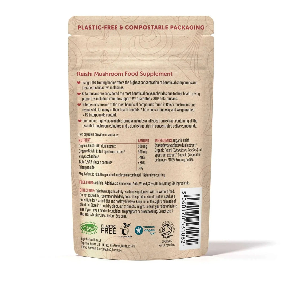 Reishi-Pilz Nahrungsergänzung in beige Kapseln, hochdosiert mit 10.300 mg, von Together Health, 60 Kapseln.