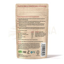 Beige kompostierbare pouch mit reishi-pilz hochdosiert kapseln, roten texten zu inhaltsstoffen und anwendung, mana shop