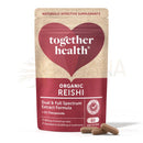 Ein rotes und beiges pouch von together health hochdosierten reishi-pilz kapseln 10.300 mg 60 kapseln mit braunen kapseln daneben von mana shop