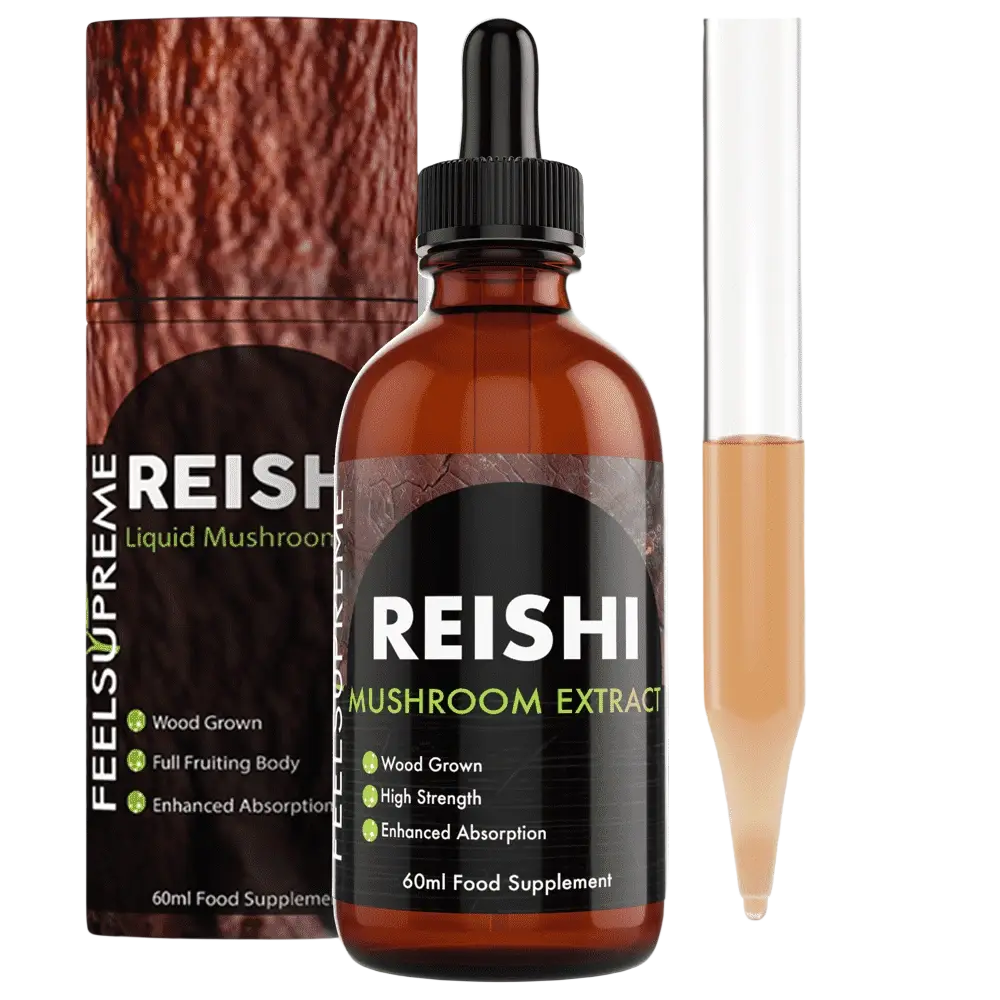 Hochdosierte Reishi-Pilz-Flüssigkeit in 60 ml Flasche, Vitalpilze von Feel Supreme, dunkle Flüssigkeit in Glasflasche