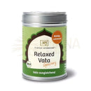 Ein grüner und weißer zylinderförmiger blechbehälter mit silbernem metallverschluss der classic ayurveda relaxed vata gewürz bio 70g enthält