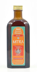 Dunkelbraune Glasflasche Ayurveda Rhyner Mitra Massageöl.