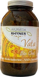 Braunglasflasche mit silbernem Schraubverschluss, gefüllt mit losem 'Ayurveda Rhyner Vata Bio Chai' Biokräutertee, 85 g.