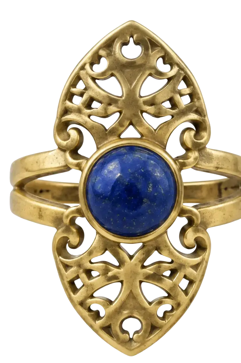 Ring mit lapislazuli goldfarbener filigranring mit schildförmigem design und blauem lapislazuli mana shop image to zoom