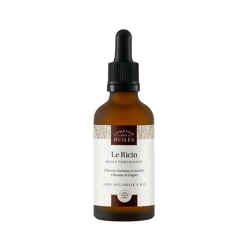 Bio Rizinusöl von Comptoir des Hules in brauner Glasflasche, ideal für natürliche Haarpflege, 50 ml.