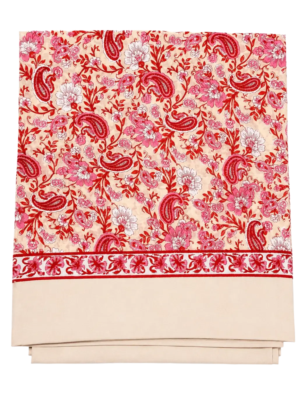 Gefaltetes rosengarten lunghi sarong bettlaken aus baumwolle mit rotem pinkem paisleymuster und dekorativem rand von mana shop