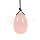 Rosenquarz yoni-ei mit schnur aus glattem rosa quarz als mana shop produkt zum geben und empfangen mit bild zum zoomen