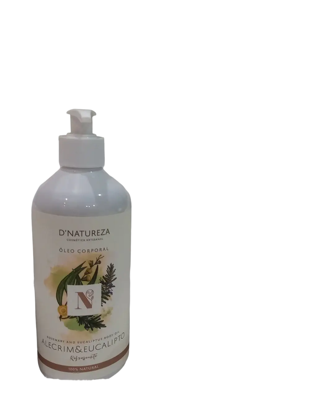 D’Natureza Rosmarin & Eukalyptus Körperöl in 500ml, Massageöl mit frischen Kräuteraromen, in einer weißen Flasche.