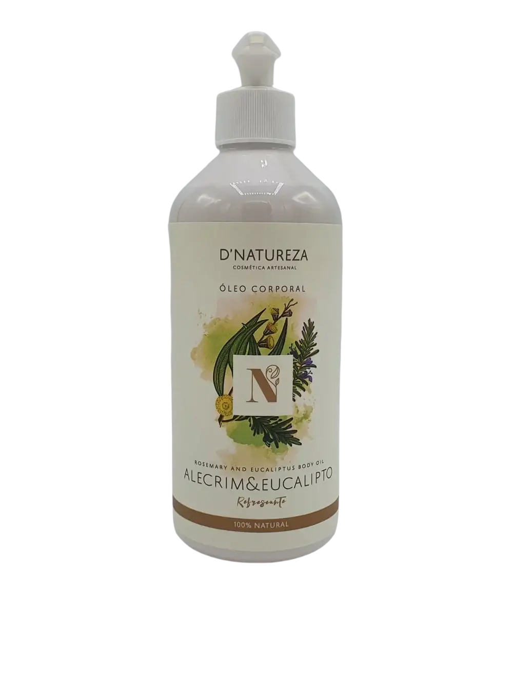 D’Natureza Rosmarin und Eukalyptus Körperöl, Massageöl mit frischem Kräuterduft, in einer weißen Flasche, natürlicher Pflege