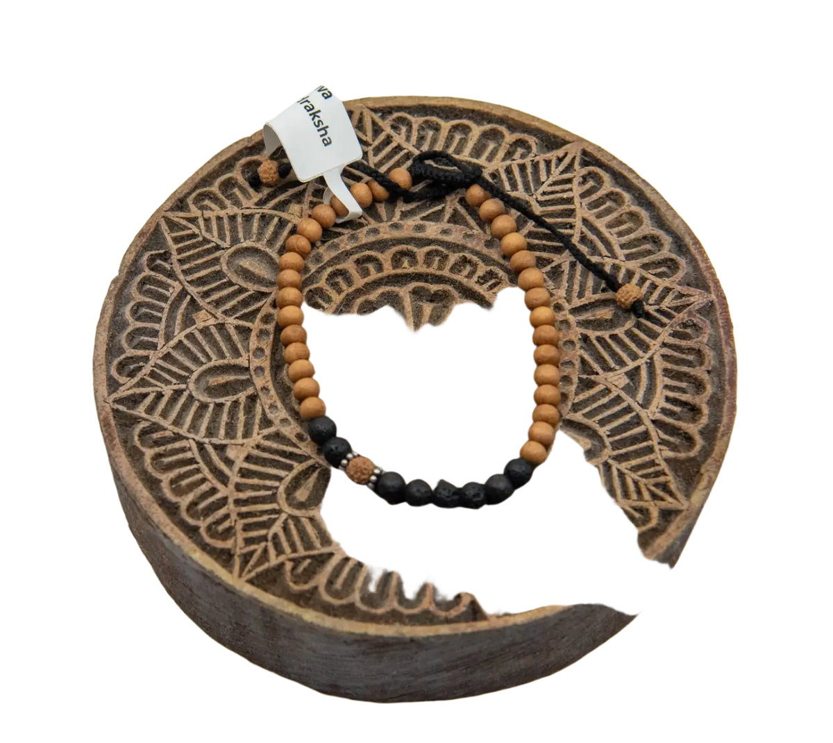Rudraksha Armband mit Lavasteinen, Mana Shop, Schutz und Erdung, handgefertigter Schmuck mit natürlichen Holz- und Lavasteins.