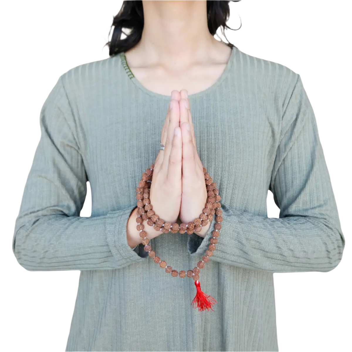 Braune Rudraksha Mala Gebetskette aus strukturierten Perlen, kunstvoller Schmuck von Yak & Yeti.