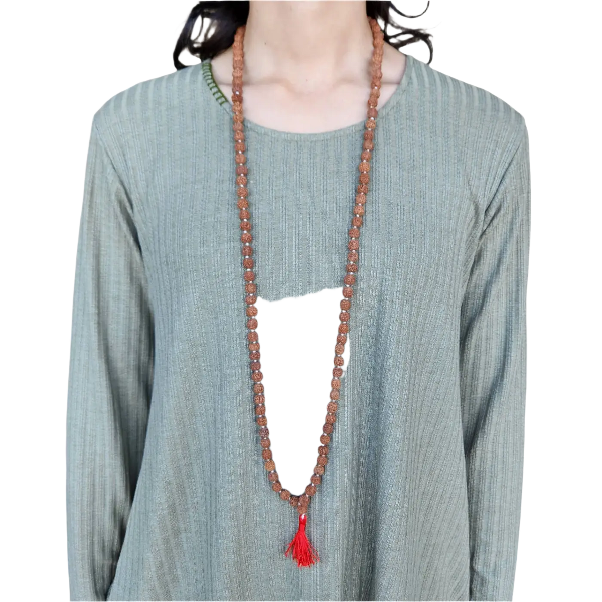 Lange, erdige braune Rudraksha Mala Gebetskette aus Yak & Yeti Schmuck mit natürlichen Perlen für Meditation und spirituelle Praxis