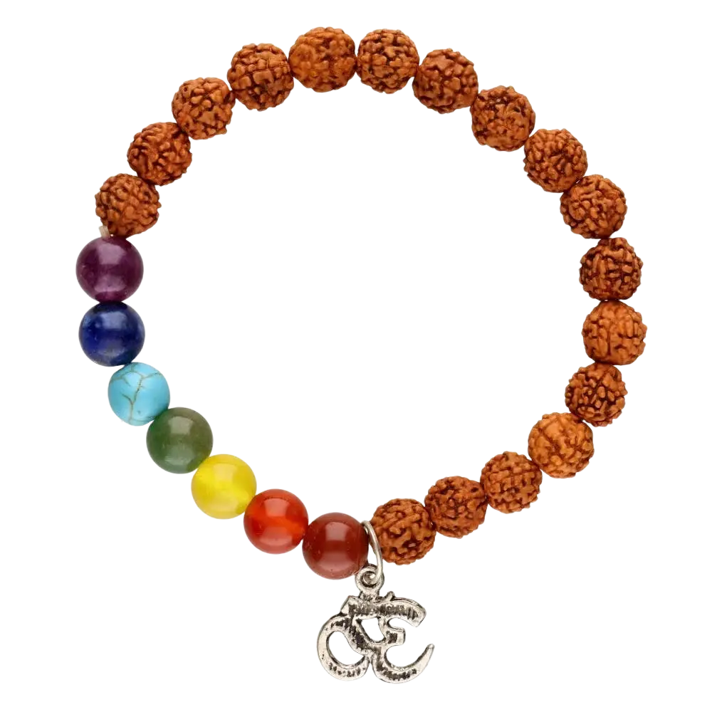 Rudraksha- und Chakra-Armband aus 8mm braunen Holzperlen, handgefertigter Schmuck im rustikalen Stil
