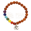 Rustikales rudraksha chakra-armband 8mm braun mit regenbogenfarbenen steinen und silbernem om charme von mana shop