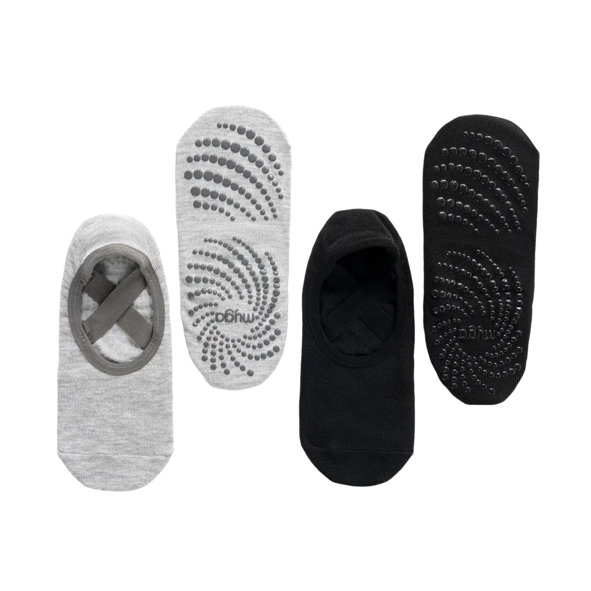 Rückenfreie Yoga-Socken mit Kreuzriemen, Griffe und rutschfester Sohle von Myga Eco für sicheren Halt beim Yoga.