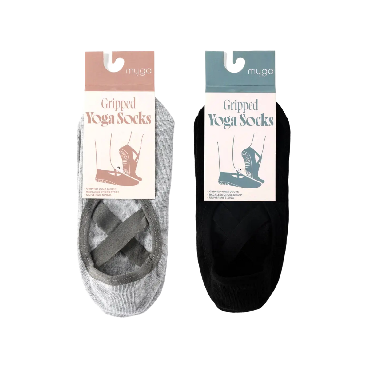 Rückenfreie Yoga-Socken von Myga Eco mit Kreuzriemen, Griffe und rutschfester Sohle für sicheren Halt beim Yoga.