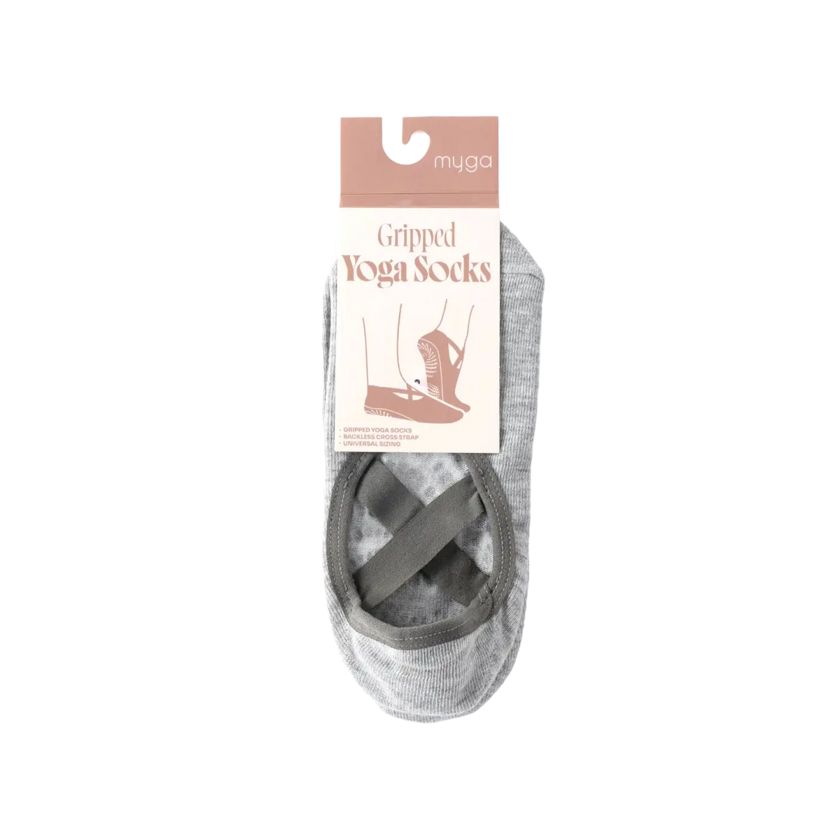 Rückenfreie Yoga-Socken von Myga Eco mit Kreuzriemen, Griffe und rutschfester Sohle für sicheren Halt beim Yoga.