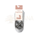 Graue heathered rückenfreie yoga-socken mit dunklem elastischem querband und gripps für sicheren halt