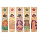 Five sagrada madre fruit base incense sticks with elemental goddess designs featuring themes like renacer and dragon’s blood