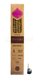 Natürliche patchouli räucherstäbchen in dicke holzige duft röhrchen verpackt im braunen sagrada madre karton