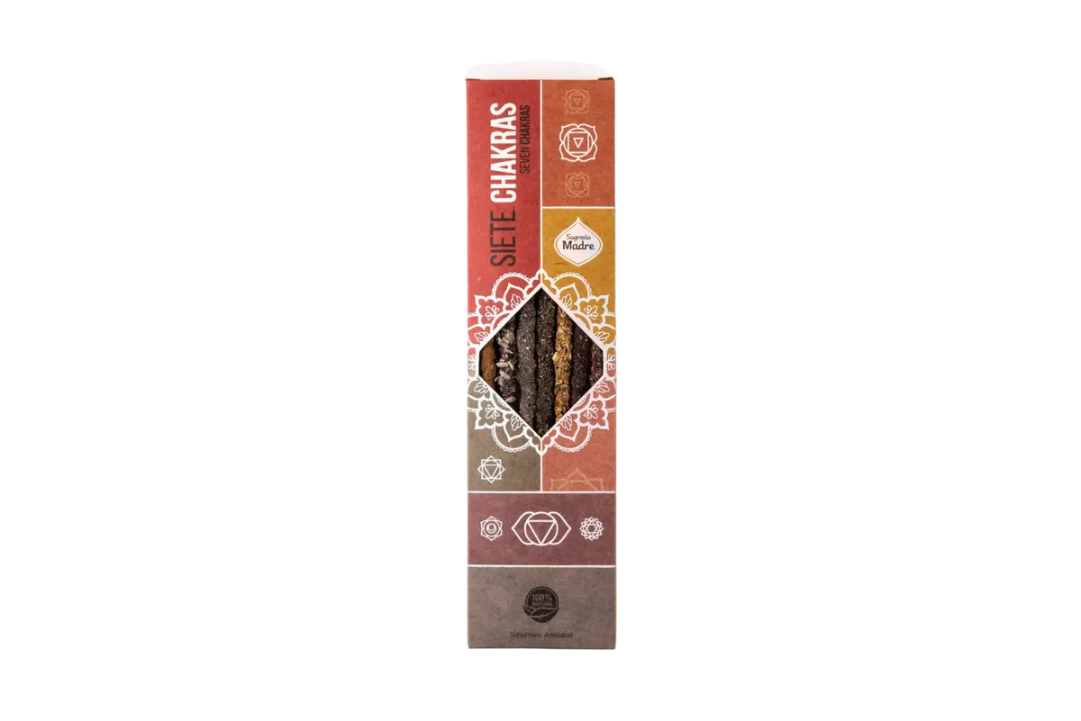 Sagrada Madre Seven Chakras Räucherstäbchen für Energieharmonie und Chakrabalance, Verpackung und Räucherstäbchen sichtbar