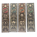 Vier ornate sagrada madre vollmond ritual räucherwerk boxen in dunkelbraun mit goldfolie und vollmond ritual designs