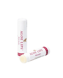Weißes zylindrisches aloe vera lippenbalsam mit roter und goldener schrift und bienenillustration für sanfte lippenpflege und geschmeidige lippen