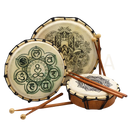 Set of three handgefertigte rahmentrommeln with mandala-motiv on cream drumheads, wood frame, black leather, mana shop image to zoom